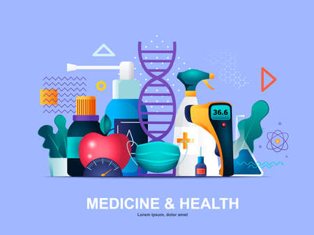 Medicine and health flat concept with gradients. Medical industry, diagnosis and treatment web template. Coronavirus disease consultation, hygiene and quarantine 3d composition, vector illustration.のイラスト素材