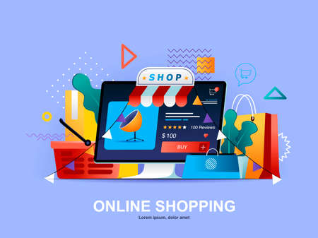 Online shopping flat concept with gradients. Web solution for online shopping platform template. E-commerce business, order and delivery service 3d composition, retail distribution vector illustrationのイラスト素材