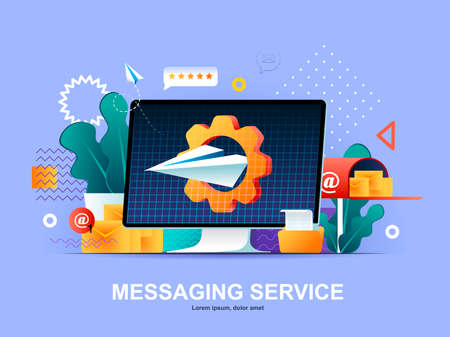 Messaging service flat concept with gradients. Internet messenger web application template. Online people communication software, texting and chatting service 3d composition, vector illustration.のイラスト素材