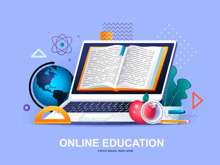 Online education flat concept with gradients. Distance learning service, professional courses and skills development web template. Online studying 3d composition, digital library vector illustration.のイラスト素材