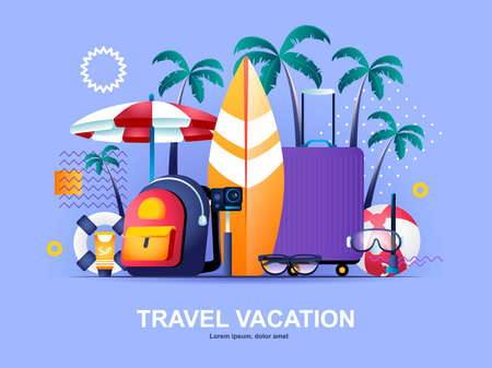 Travel vacation flat concept with gradients. Booking of airline tickets and hotel rooms web template. Summer holidays at seaside 3d composition, tropical beach vacation and surfing vector illustrationのイラスト素材