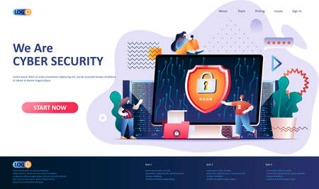 Cyber security flat landing page template. Firewall software, password identification and privacy web banner. Cybersecurity consultation, digital safety 3d composition. Web page vector illustration.のイラスト素材