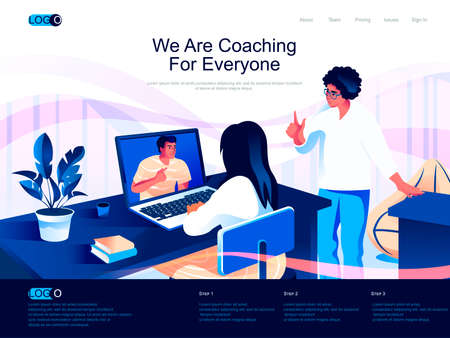 We are Coaching for everyone isometric landing page. Consultation, motivation and mentoring isometry website page. Online business training web concept, vector illustration with people characters.のイラスト素材