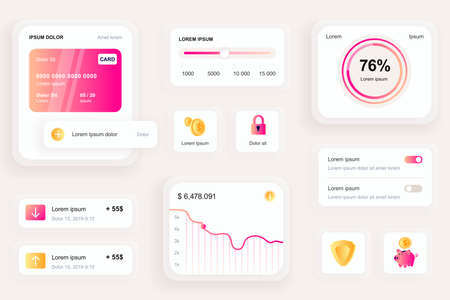 GUI elements for banking mobile app. Financial analytics of bank account, credit card balance user interface generator. Unique ui ux design kit vector illustration. Navigation and graphs components.のイラスト素材