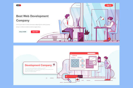 Web development company landing pages set. Full stack software engineering corporate website. Flat line vector illustration with people characters. Web concept use as header, footer or middle content.のイラスト素材
