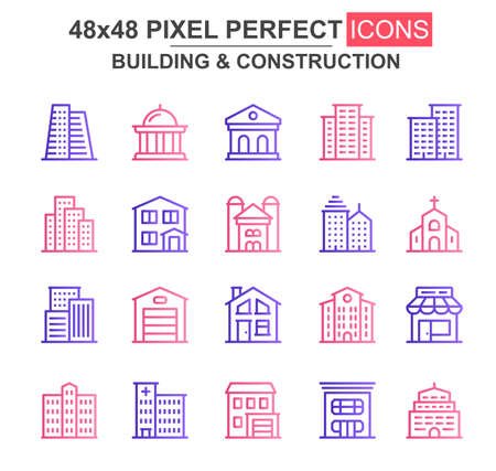 Building and construction thin line icon set. Church, cafe, museum, office center, skyscraper, clinic unique icons. Outline vector bundle for UI UX design. 48x48 pixel perfect linear pictogram pack.のイラスト素材
