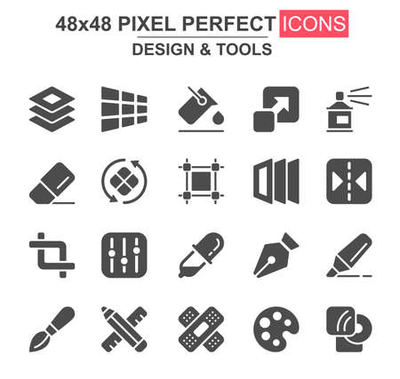 Design and tools glyph icon set. Pen, crop, eraser, color palette, selection, pencil, rotate, eyedropper unique icons. Flat vector bundle for UI UX design. 48x48 pixel perfect GUI pictograms pack.のイラスト素材