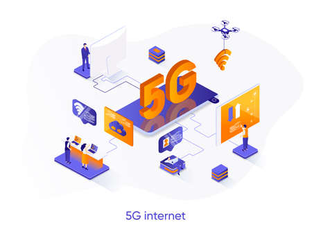 5G Internet isometric web banner. Mobile telecommunication system isometry concept. 5G generation standard 3d scene, cellular network technology flat design. Vector illustration with people charactersのイラスト素材