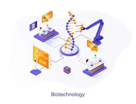 Biotechnology company isometric web banner. Genetic engineering isometry concept. Science research in modern laboratory 3d scene, DNA sequencing flat design. Vector illustration with people charactersのイラスト素材