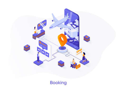 Flight booking isometric web banner. Airline tickets reservation isometry concept. Mobile application for online booking service 3d scene. Vector illustration with people characters in flat style.のイラスト素材