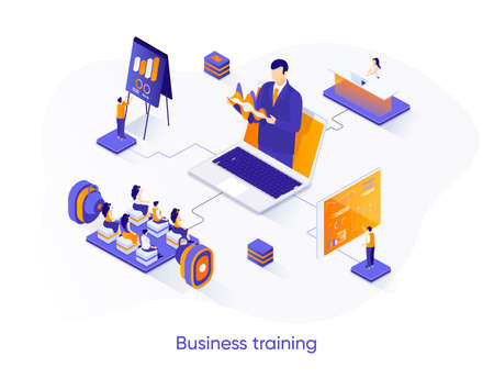 Business training isometric web banner. Business coaching isometry concept. Career growth, skills development 3d scene, motivation and mentoring flat design. Vector illustration with people charactersのイラスト素材