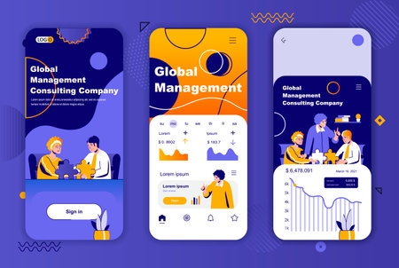 Global management unique design kit for social networks stories. Business assistance and consulting mobile screen templates for app. UI UX layouts vector illustration. GUI set with people characters.のイラスト素材