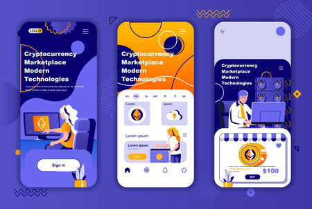 Cryptocurrency marketplace unique design kit for social networks stories. Blockchain technology mobile screen templates for app. UI UX layouts vector illustration. GUI set with people characters.のイラスト素材
