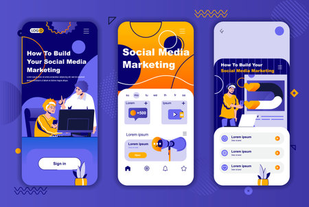 Social media marketing unique design for social networks stories. Online promotion and advertising campaign mobile screens for app. UI UX layouts vector illustration. GUI set with people characters.のイラスト素材