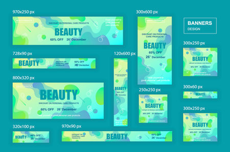 Collection web banners different sizes for mobile and social networks, poster, shopping ads, marketing material. Bundle banners for product promotion, beauty and cosmetics, fashion, natural product.のイラスト素材
