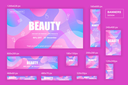 Collection web banners different sizes for mobile and social networks, skyscraper ad, side banner, mobile leaderboard, half page ad, billboard. Bundle banners for product promo, beauty and fashion.のイラスト素材