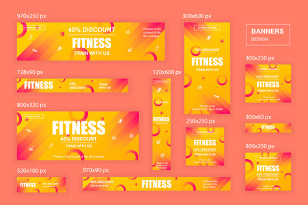 Collection web banners different sizes for mobile and social networks, poster, shopping ads, marketing material. Bundle banners for product promotion, fitness club, GYM, energetic fit training.のイラスト素材