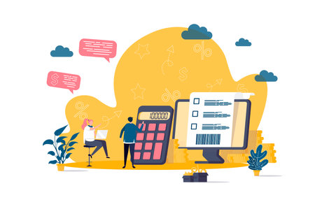 Accountant concept in flat style. Financial balance calculation scene. Business accounting and audit, annual statement and taxes banner. Vector illustration with people characters in work situation.のイラスト素材