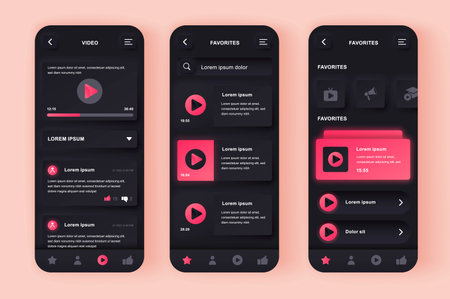 Video Tube unique neomorphic design kit. Live streaming service, multimedia content browse, search and watch, video player. Video widget UI UX templates set. Vector illustration of GUI for mobile app.のイラスト素材
