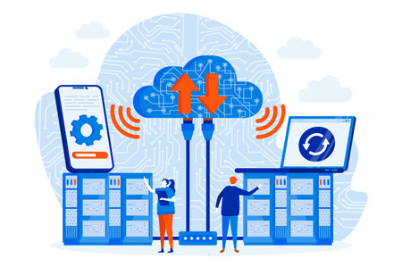 Data center web design concept with people characters. Server engineers work scene. Cloud data...