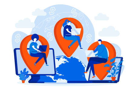 Outsourcing company web design concept with people characters. Developers team working scene. Software outsourcing composition in flat style. Vector illustration for social media promotional materialsのイラスト素材