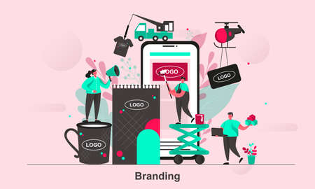 Branding web concept design in flat style. Brand building occupation scene visualization. Corporate identity and brand design. Vector illustration with tiny people characters in life situation.のイラスト素材