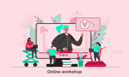 Online workshop web concept design in flat style. Online training with teacher scene visualization. Hobby courses and thematic webinars. Vector illustration with tiny people characters in situation.のイラスト素材