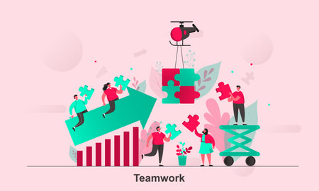 Teamwork web concept design in flat style. Team members holding puzzle pieces scene visualization. Partnership and collaboration metaphor. Vector illustration with tiny people characters in situation.のイラスト素材