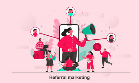 Referral marketing web concept design in flat style. People share info about referral program. Refer a friends scene visualization. Vector illustration with tiny people characters in life situation.のイラスト素材