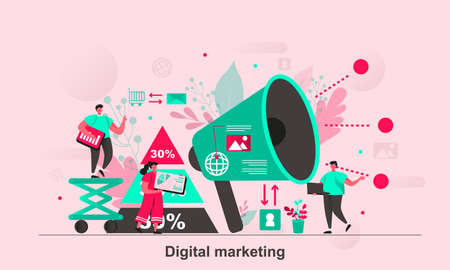 Digital marketing web concept design in flat style. Social media marketing specialist scene visualization. Advertising and promotion. Vector illustration with tiny people characters in life situation.のイラスト素材
