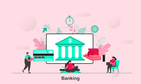 Banking web concept design in flat style. Online banking scene visualization. Credit card service, investment and financial management. Vector illustration with tiny people characters in situation.のイラスト素材