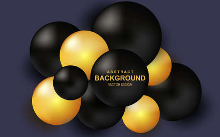Colorful abstract background with realistic 3d balls. Luxury composition with black and gold glossy spheres. Trendy design vector illustration. Art realism, dynamic banner with 3d geometric shapes.のイラスト素材