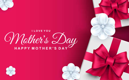 Happy mothers day greeting card. Gift boxes with pink ribbon bows and white flowers. Family holiday congratulation, vector illustration. Art realism, beautiful web banner with realistic 3d elements.のイラスト素材