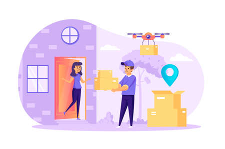 Courier delivering order to home scene. Quadcopter flying with parcel in cardboard package. Online shopping with fast delivery service concept. Vector illustration of people characters in flat designのイラスト素材