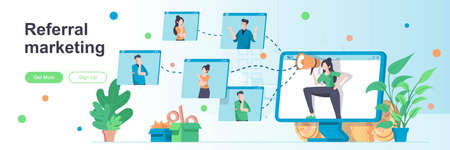 Referral marketing landing page with people characters. Customer referral program banner. Promoting products or services vector illustration. Flat concept great for social media promotional materials.のイラスト素材