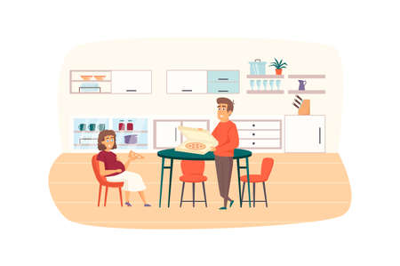 Young family eating at kitchen together scene. Pregnant woman eat pizza with her husband. Pregnancy, childhood, maternity, parenthood concept. Vector illustration of people characters in flat designのイラスト素材
