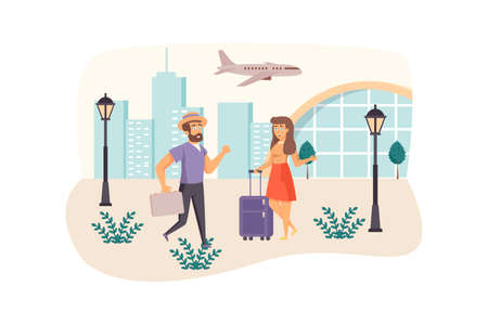 Man and woman travelers with luggage go in airport scene. Couple travel the world. Summer vacation, business trip, tourism industry concept. Vector illustration of people characters in flat designのイラスト素材