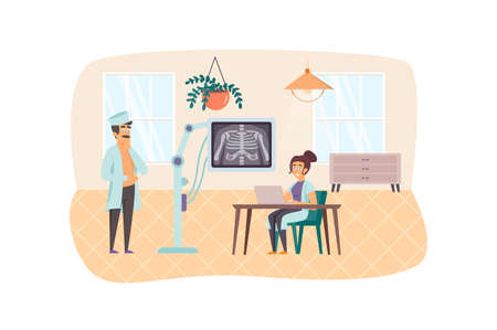 X-ray medical diagnostics scene. Doctor examines xray image of chest bones, nurse assists. Radiology, clinic service, healthcare concept. Vector illustration of people characters in flat designのイラスト素材