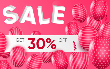 3d poster of Sale realistic design. Get 30 percent off discount offer price website background. Shopping, retail, marketing promotion, save money concept. Vector illustration of advertising web bannerのイラスト素材