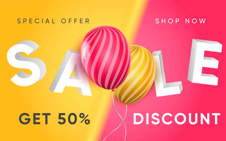 3d poster of Sale realistic design. Special Offer of discount prices up to 50 percent off website background. Shop now. Marketing and promotion tools. Vector illustration of advertising web bannerのイラスト素材