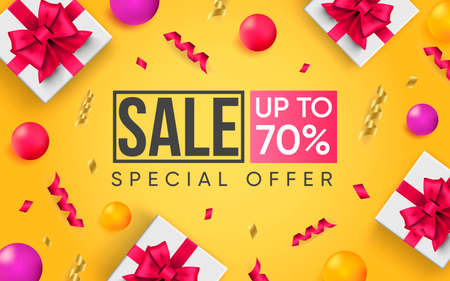 3d poster of Sale up to 70 percent realistic design. Special Offer of discount price website background. Shopping, purchases, marketing promotion concept. Vector illustration of advertising web bannerのイラスト素材