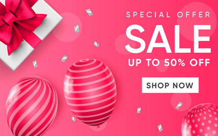 3d poster of Sale up to 50 percent off realistic design. Special discount offer price website background. Shop now and save money concept. Marketing tool. Vector illustration of advertising web bannerのイラスト素材