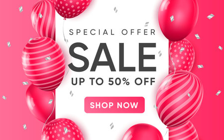 3d poster of Sale Special offer up to 50 percent off realistic design. Discount prices for shopping website background. Retail and purchases. Promotion. Vector illustration of advertising web bannerのイラスト素材