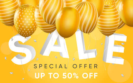 3d poster of Sale up to 50 percent off realistic design. Special offer of discount prices for shopping. Retail, purchases. Promotion website background. Vector illustration of advertising web bannerのイラスト素材