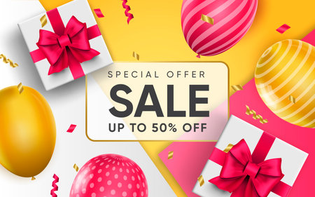 3d poster of Special offer Sale up to 50 percent off discount prices in realistic design. Marketing. Flyer template for shop promotion website background. Vector illustration of advertising web bannerのイラスト素材