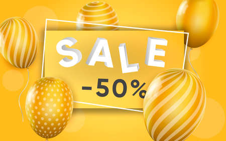 3d poster of Sale to 50 percent discount prices in realistic design. Flyer template for shop promotion website background. Shopping, retail, purchases. Vector illustration of advertising web bannerのイラスト素材