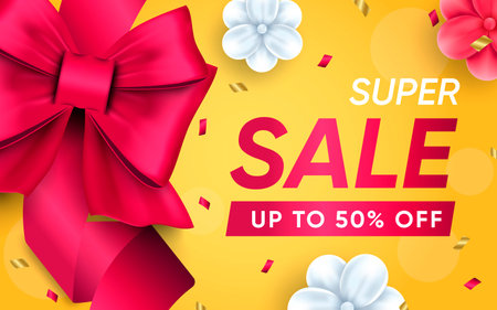 3d poster of Super Sale realistic design. Best offer to 50 percent off discount prices website background. Customer gifts, loyalty program, marketing. Vector illustration of advertising web bannerのイラスト素材