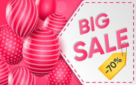 3d poster of Big Sale to 70 percent off realistic design. Best offer discount price. Flyer template for promotion website background. Retail, purchases. Vector illustration of advertising web bannerのイラスト素材