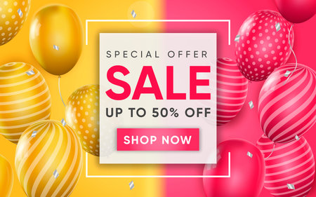 3d poster of Sale to 50 percent off with pink and yellow balloons in realistic design. Special offer discount price website background. Shop now concept. Vector illustration of advertising web bannerのイラスト素材