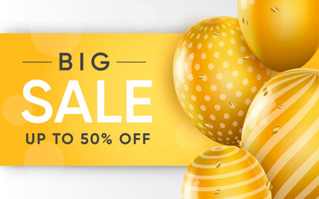 3d poster of Big Sale up to 50 percent with yellow balloons realistic design. Discount prices for shopping website background. Flyer template promotional. Vector illustration of advertising web bannerのイラスト素材